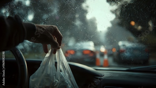 Anonymous tinted-window car collecting white bag at drive-thru in blurred, impersonal urban traffic