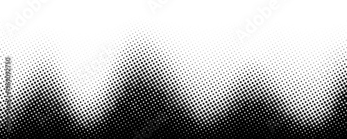 Wavy halftone grunge gradient texture. Pixelated noisy wave pattern background. Fading sandy comic overlay. Black dotted grain grit wallpaper. Rasterized pixelated anime or manga backdrop. Vector