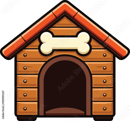 Cartoon dog house vector illustration, wooden pet kennel with bone sign, brown timber doghouse isolated on white background