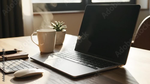 Laptop and Coffee Still Life: A Cozy Workspace Scene with Natural Light and Elegant Design