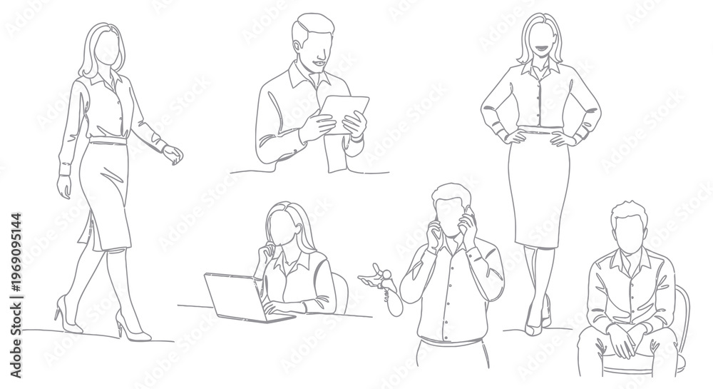 Fototapeta premium Business Line Art: People in Office, Working, Talking on Phone, Laptop