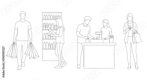 Black  White Line Art of People Shopping in a Store