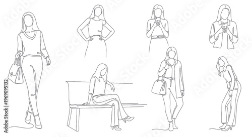 Woman Fashion Line Art - Diverse Poses and Styles