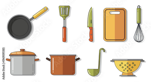 Flat Illustration of Kitchen Utensils: Pots, Pan, Knife, Whisk, Board