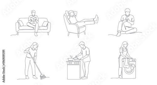 Black and white line art of people doing daily activities at home