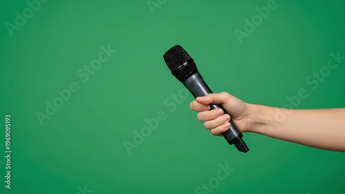 Hand holding microphone for interview or presentation on green screen background for easy keying and editing