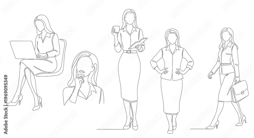 Fototapeta premium Business Women Line Art: Diverse Poses, Professional Style