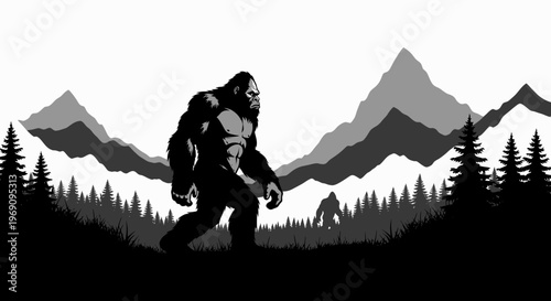 Bigfoot walking through forest landscape.