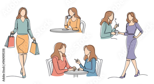 Fashionable women line art shopping cafe lifestyle vector illustration