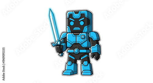 Blue robot character with sword.