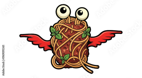 Cartoon pasta with wings and eyes.