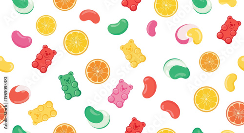 Colorful assorted jelly candies scattered.