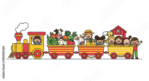 Colorful cartoon train with happy children.