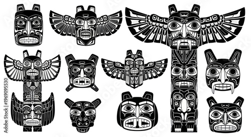 Totem pole animal carved faces.