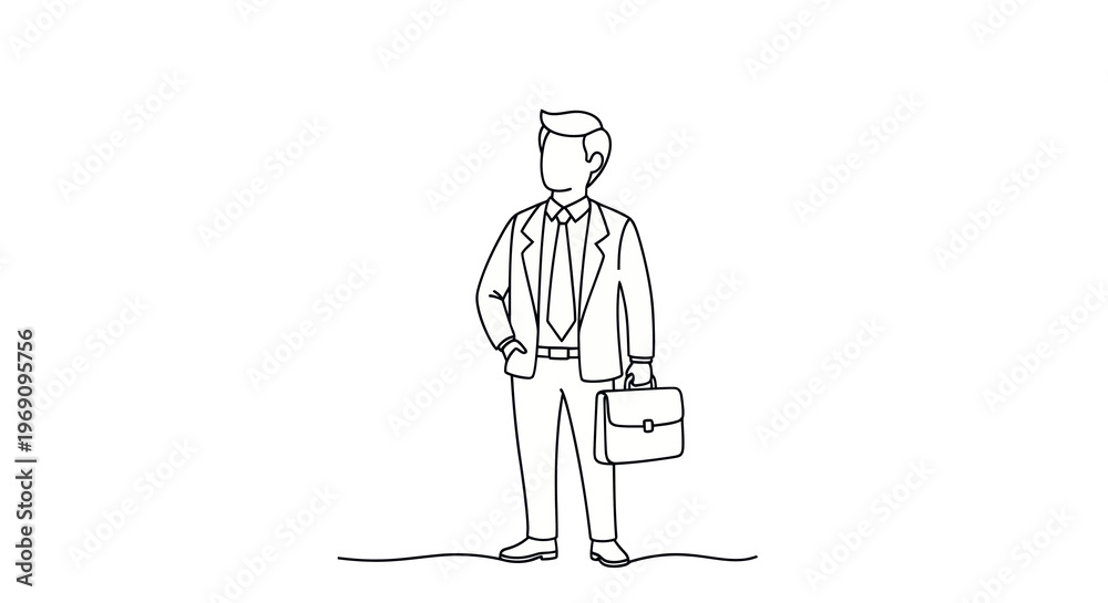 Obraz premium Black and White Line Art Businessman Holding Briefcase