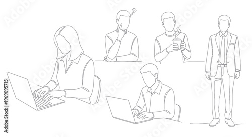 Black and White Line Art of Diverse Business Professionals