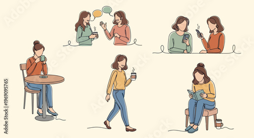 People lifestyle illustrations: women talking, using phones, reading, coffee