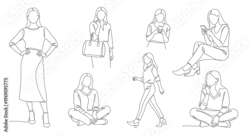 Black and White Line Art of Women Poses, Fashion and Lifestyle