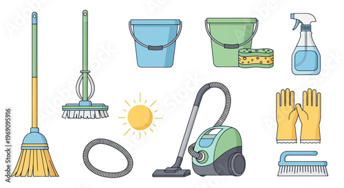 Cleaning supplies flat vector icons: brooms, buckets, vacuum, gloves