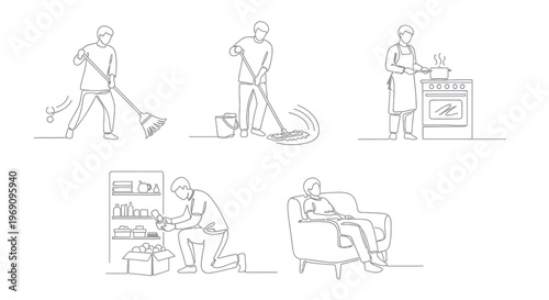 Black and White Line Art of People Doing Chores and Relaxing