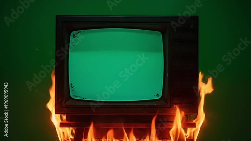 Vintage television screen engulfed in flames green screen chroma key burning old technology destruction concept