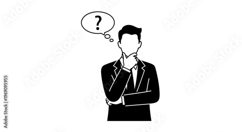 Black and White Line Art of a Businessman Thinking with Question Mark Bubble