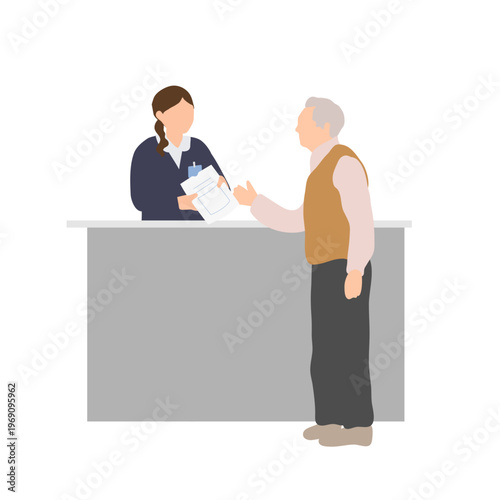 高齢者が薬を受け取るシーン　受付で説明を受ける医療イラスト
