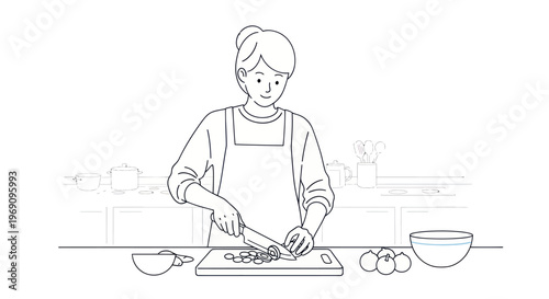 Woman chopping vegetables in kitchen, line art, food preparation