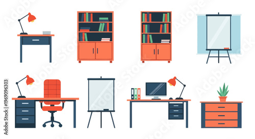 Flat Design Office Furniture Set: Desk, Bookshelf, Chair, Computer