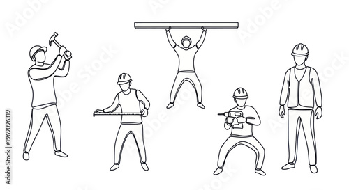 Construction worker line art, builders with tools, hammer, drill