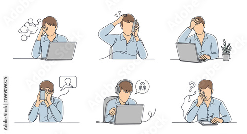 Frustrated Man Working Online, Stress and Fatigue, Line Art Illustration