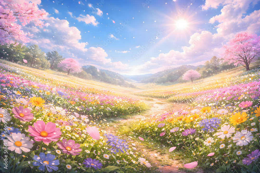 Obraz premium 青空と広がる春の花畑 パステルカラーの自然風景
