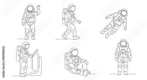 Astronaut Line Art: Six Poses of Spaceman in Space Suit