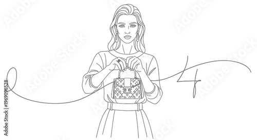 Fashionable woman holding luxury handbag, line art illustration