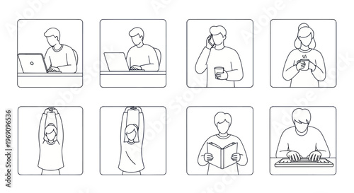 Black and white line art of people working and relaxing