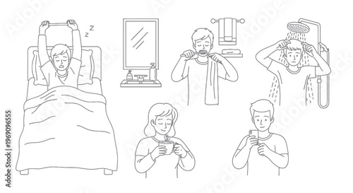 Black and White Line Art of Morning Routine: Waking, Brushing Teeth, Shower, Coffee, Phone