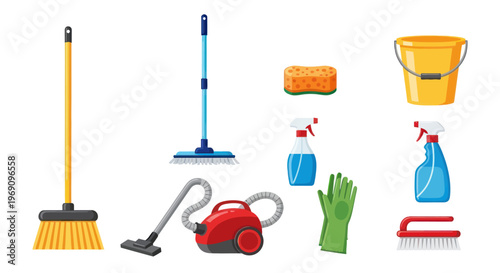 Cleaning Supplies Flat Design Vector Set - Broom, Mop, Vacuum, Bucket, Sprays