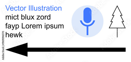 Communication, navigation, audio technology, content creation, media design, symbolic . Blue microphone icon, black arrow outlined tree. Communication and navigation concepts