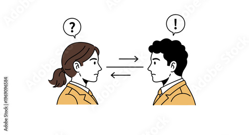Two people in conversation, woman confused, man enlightened, business concept, line art