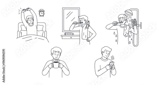 Daily Routine Line Art: Waking, Brushing, Showering, Coffee, Phone