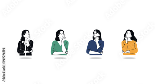 Four women thinking, line art, stock illustration, concept of idea