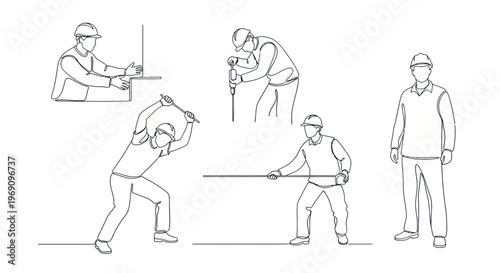 Construction Workers in Line Art Style: Various Actions