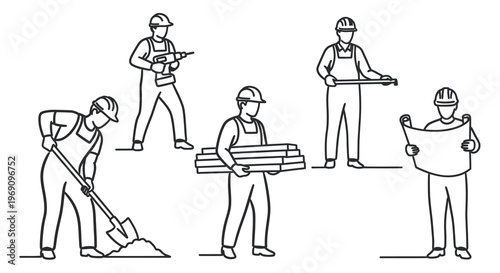 Construction workers in line art style, building and engineering concept