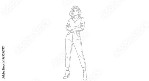Fashion illustration of a woman in stylish outfit, line art