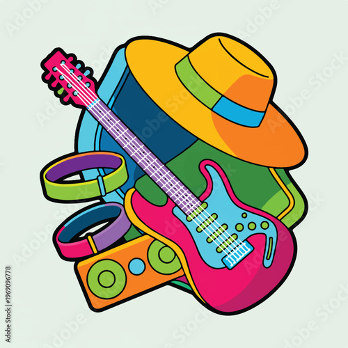 Illustration of electric guitar, speaker, hat, and wristbands, symbolizing music and entertainment, rock and roll, party time