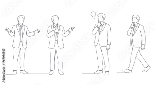 Business People Poses Line Art - Man Gesturing, Thinking, Walking