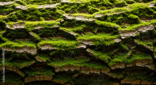 Mossy textured natural stone wall with green foliage and rugged terrain background
