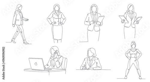 Black and white line art of businesswomen in various poses and actions