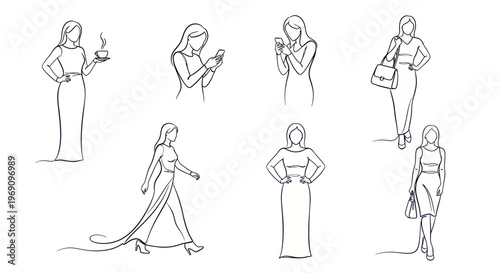 Elegant Women in Line Art - Fashion and Lifestyle Poses