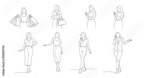 Black and White Line Art of Women in Business and Shopping Poses